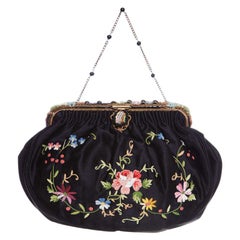 1920s French Black Silk Bag With Floral Embroidery & Hand Beadwork Frame