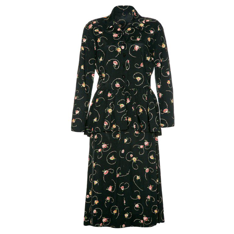 1940’s Black and Floral Peplum Shirt Rayon Tea Dress For Sale at 1stDibs
