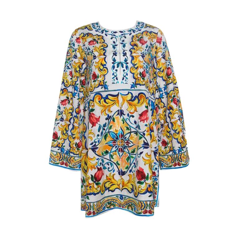 Dolce and Gabbana Majolica Printed Cotton Bell Sleeve Kaftan Dress S