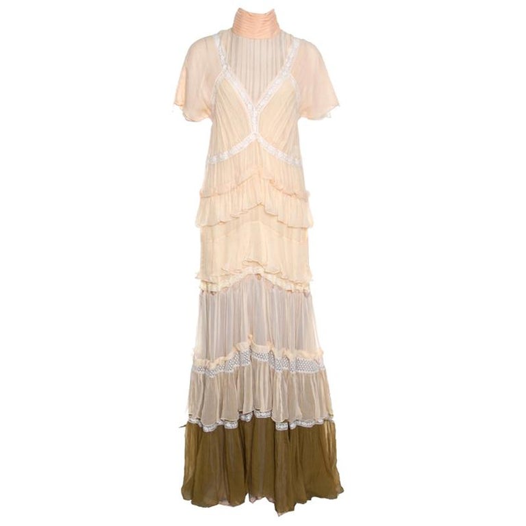 13378 Beige Sequins Tiered Chiffon Dress