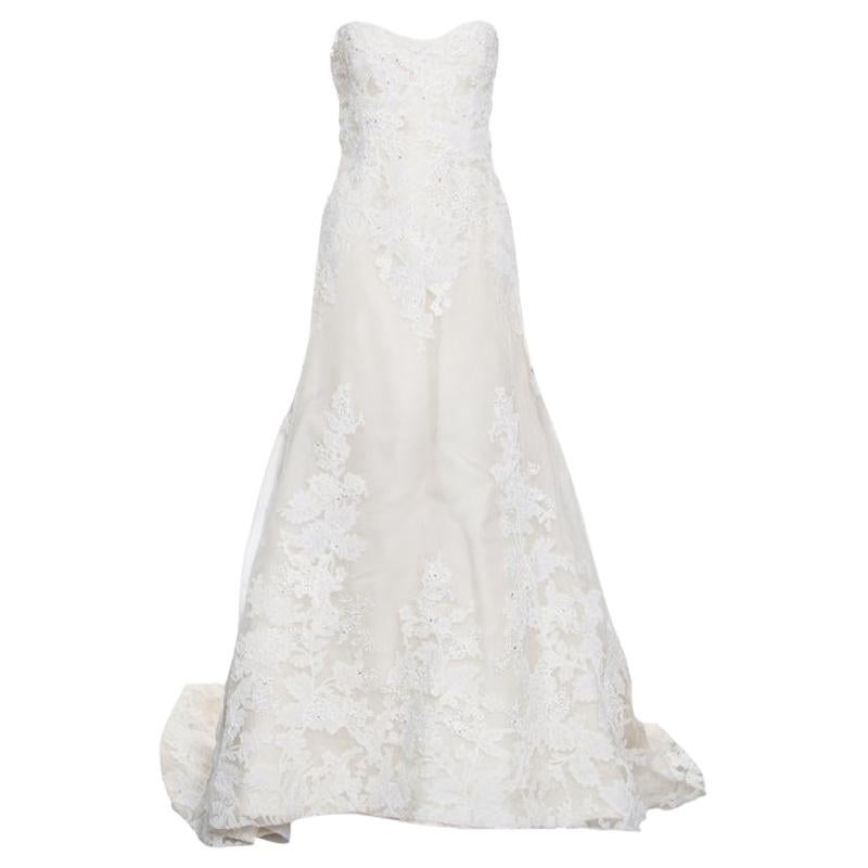 Vera Wang Luxe Cream Floral Lace Applique Embellished High Low Wedding Gown M