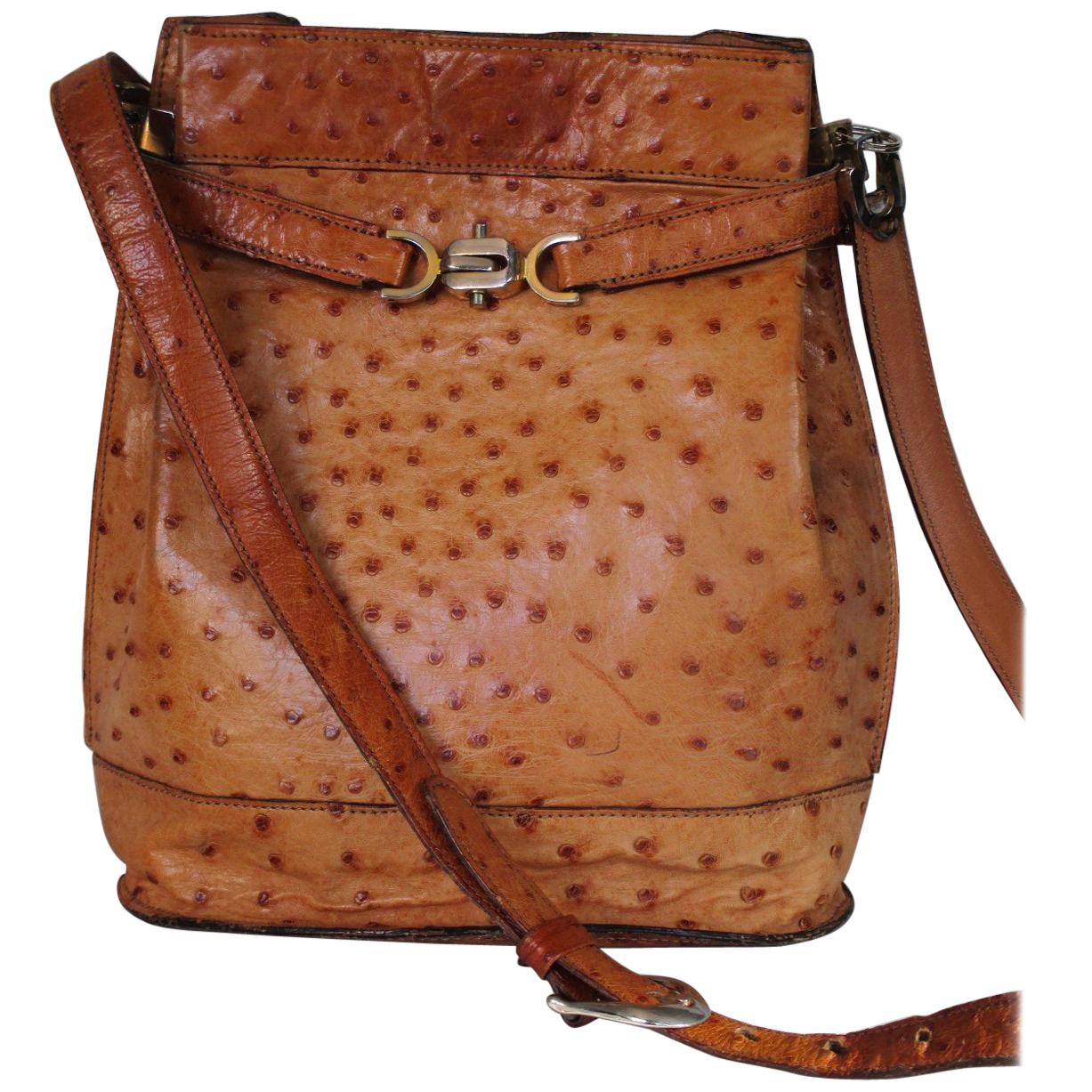 Vintage Leather Ostrich Cognac Shoulder Bag