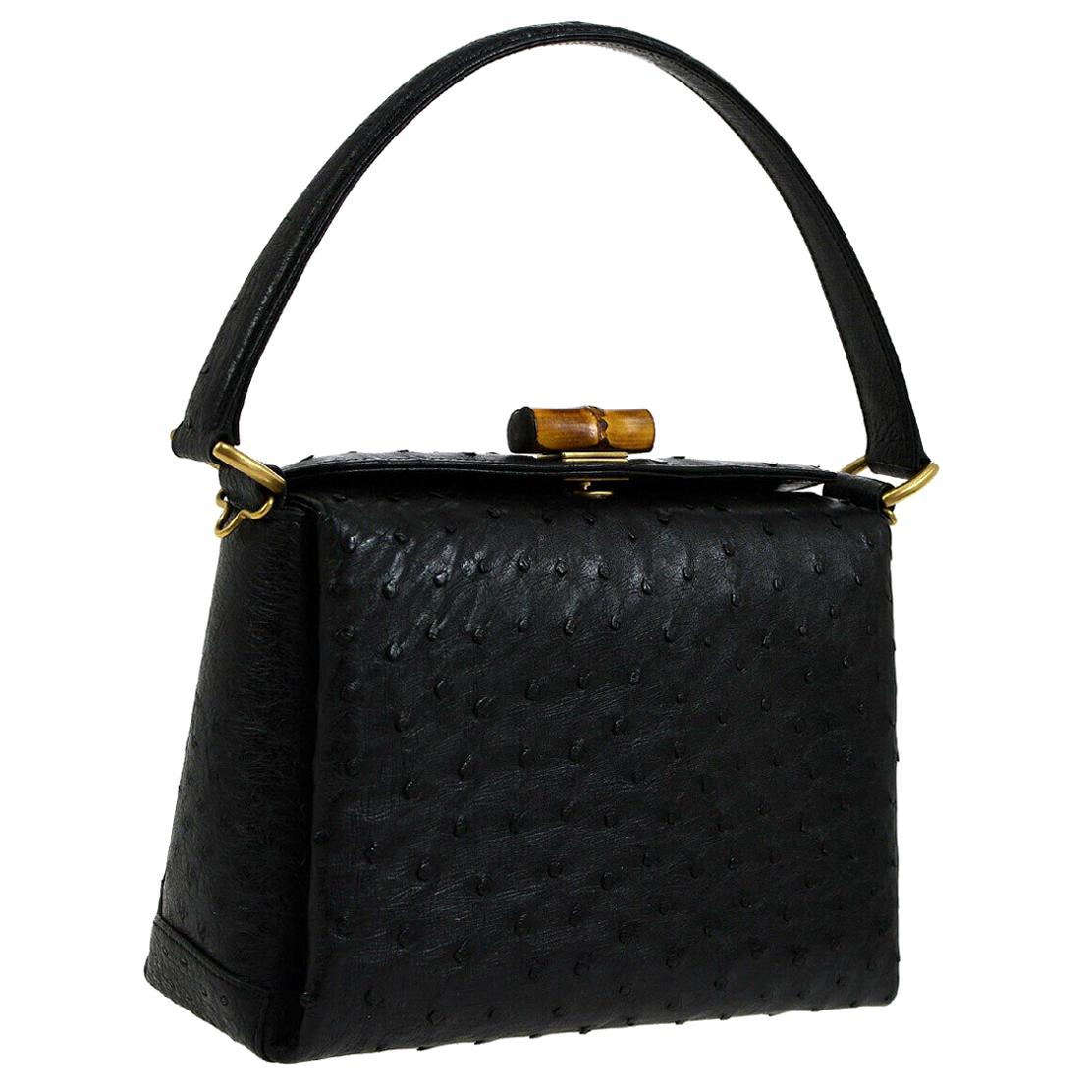 Gucci Black Ostrich Bamboo Mini Kelly Style Top Handle Satchel Shoulder Bag 