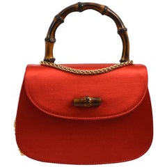 Gucci Red Satin Bamboo Gold Chain Kelly Mini Top Handle Satchel Evening Bag 