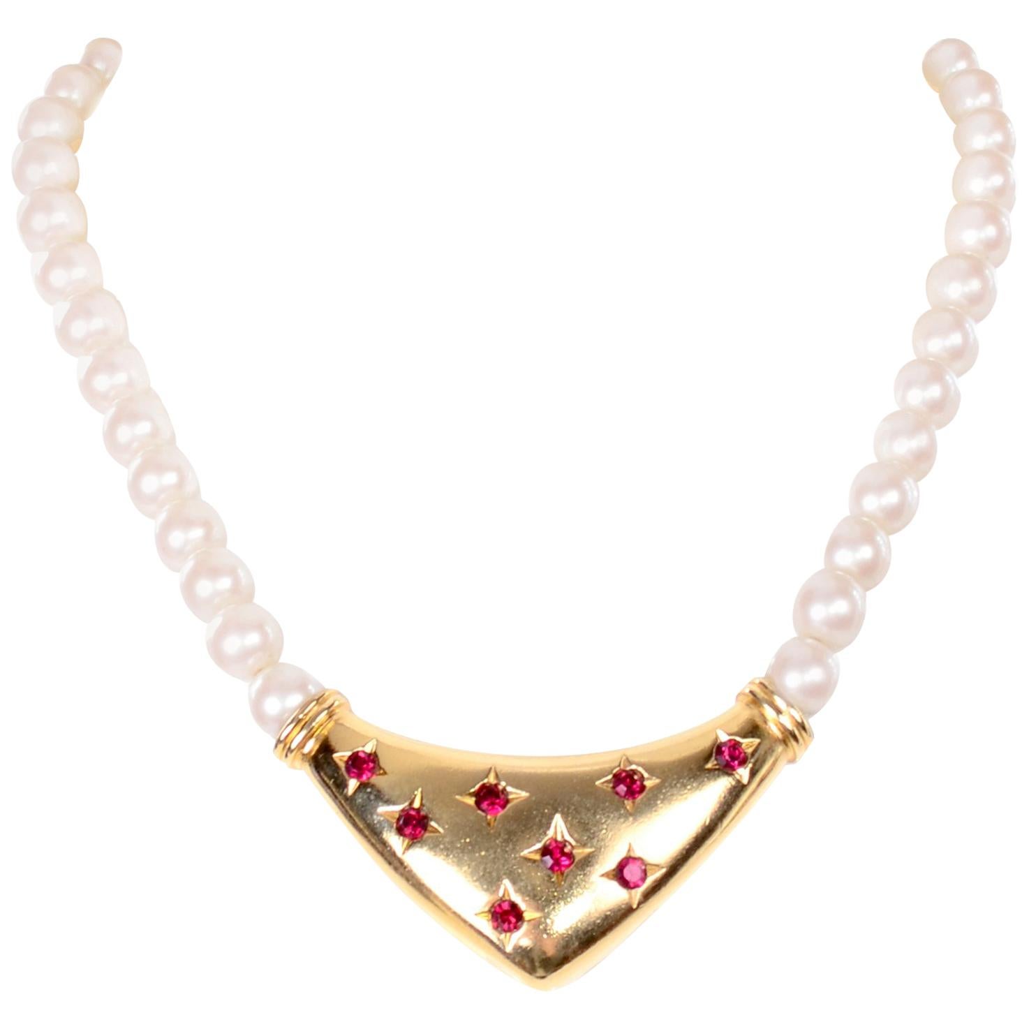 Yves Saint Laurent Signed YSL Vintage Pearls Gold Tone Bib Necklace w Red Stones