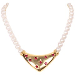 Yves Saint Laurent Signed YSL Vintage Pearls Gold Tone Bib Necklace w Red Stones