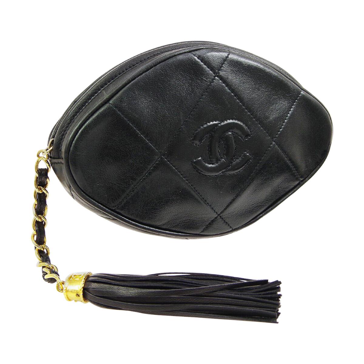 Chanel Black Leather Tassel Small Mini Evening Clutch Bag