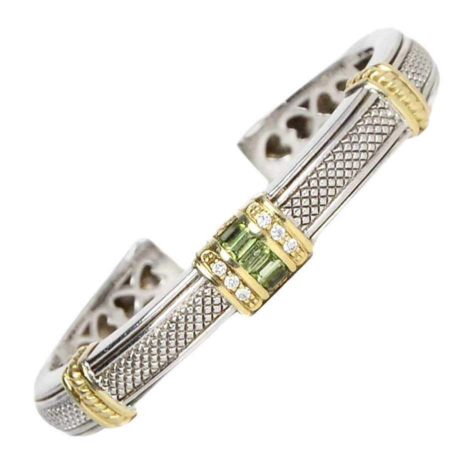 Judith Ripka 18K/Sterling Silver Hinged Bracelet W/ Diamond and Peridot 