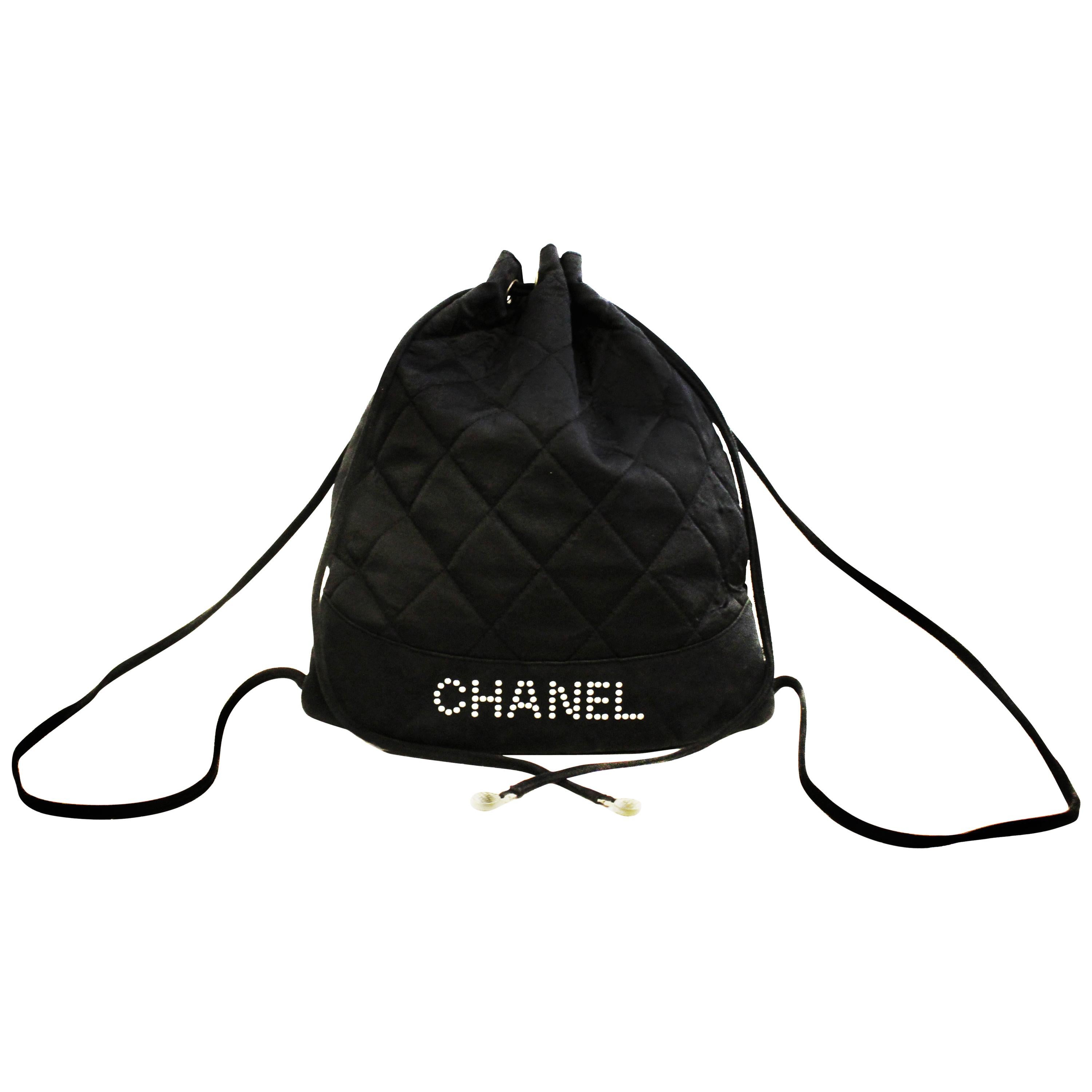 Chanel Black Satin Mini Drawstring Back Pack Bag