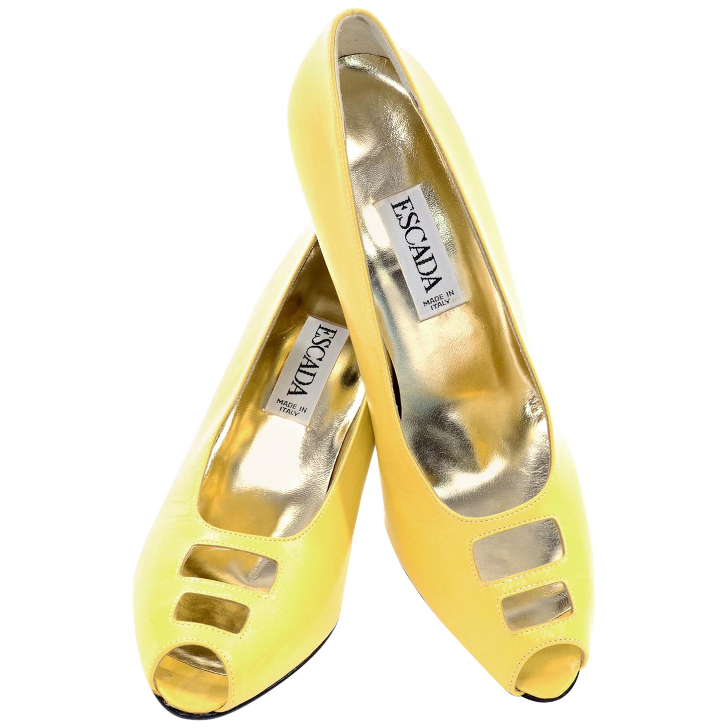 Unworn Yellow Escada Vintage Shoes With Peep Toe Cutwork and heels in Size 7.5