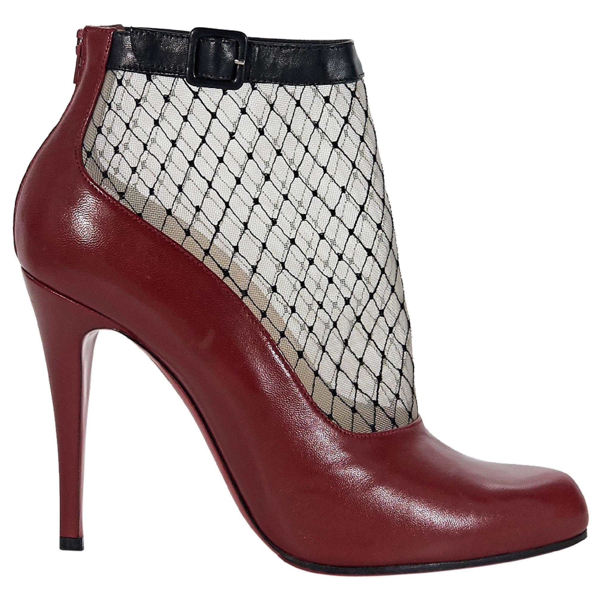 Red Christian Louboutin Leather Fishnet Ankle Boots