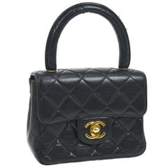 Chanel Black Leather Lambskin Small Party Evening Top Handle Satchel Flap Bag