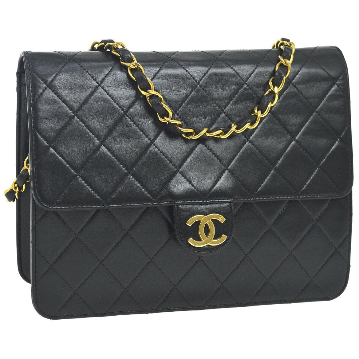 Chanel Classic Black Leather Lambskin Gold Chain Evening Shoulder Flap Bag