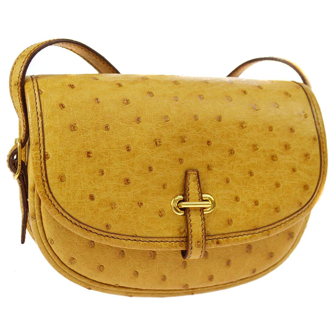 Hermes Rare Mustard Ostrich Leather Gold Small Mini Shoulder Flap Bag