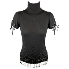 CHANEL Size M Black Cashmere / Viscose Camelia Fringe Dress Top