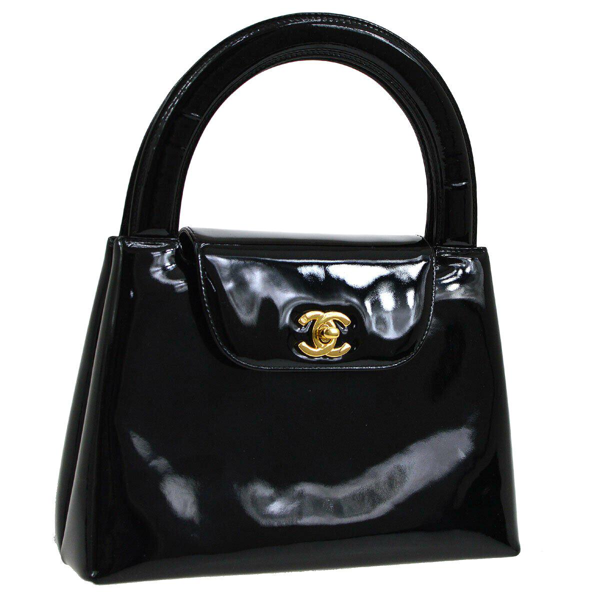 Chanel Black Patent Leather Kelly Style Top Handle Satchel Flap in