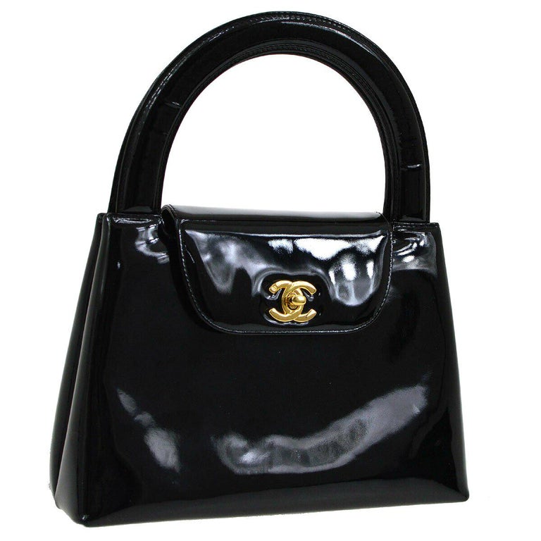 Chanel Black Patent Leather Kelly Style Top Handle Satchel Flap in Box
