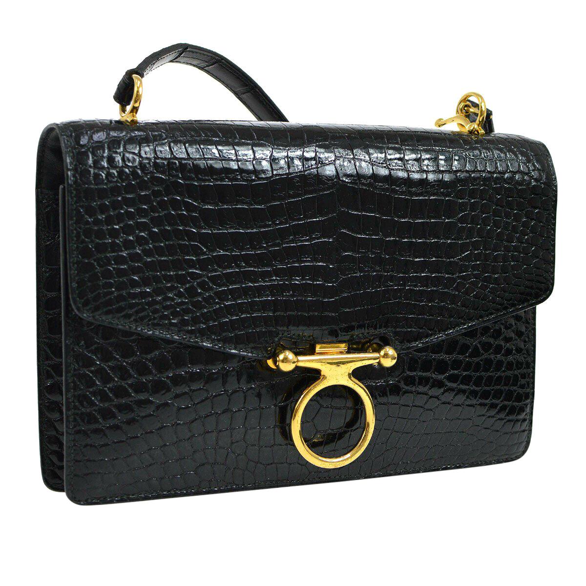 Hermes Rare Black Crocodile Leather Gold Evening Shoulder Flap Bag in Box