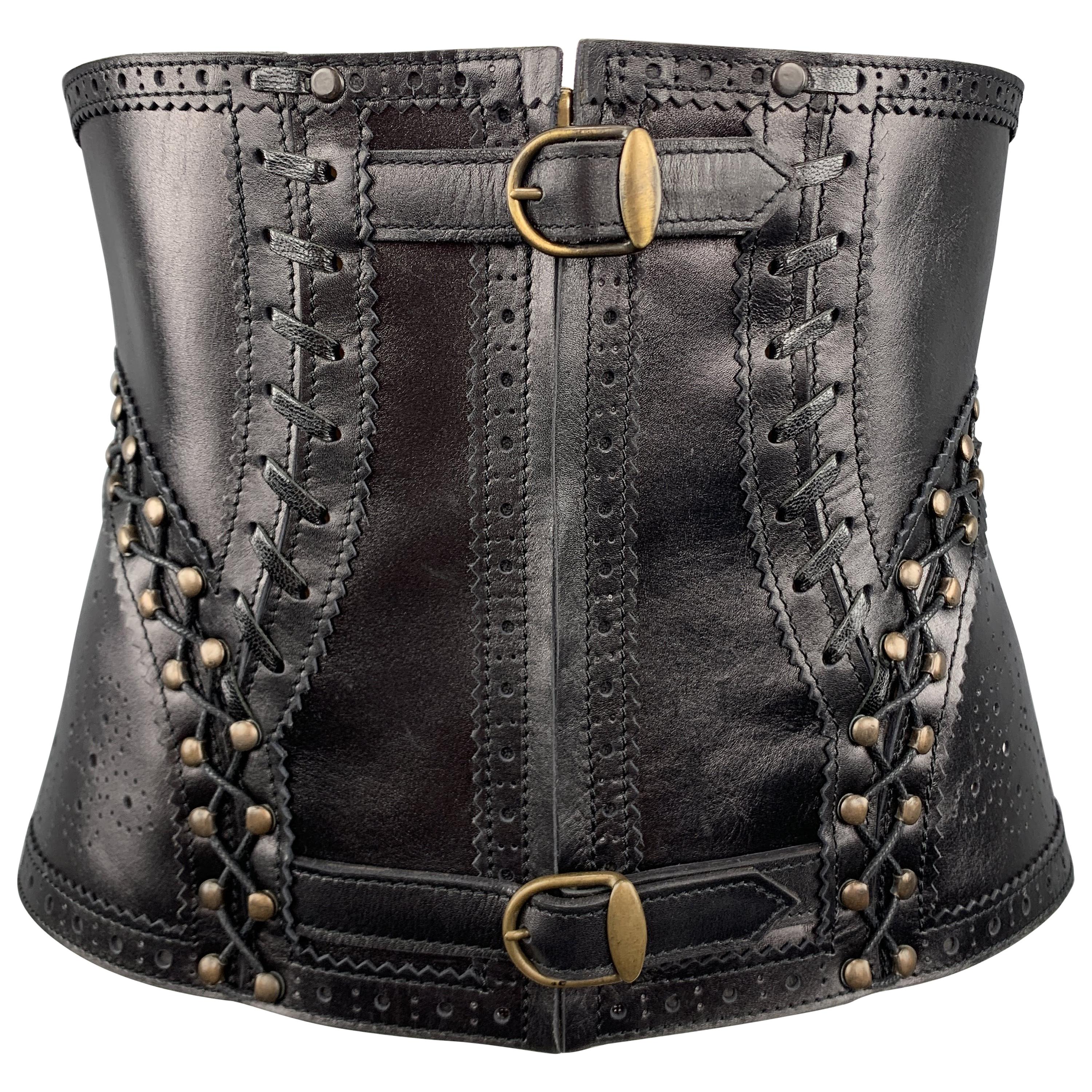 JEAN PAUL GAULTIER Black Leather Perforated Lace Up Whip Stitch Corset Belt