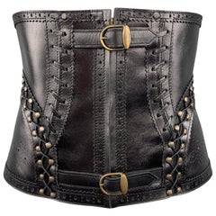 Vintage JEAN PAUL GAULTIER Black Leather Perforated Lace Up Whip Stitch Corset Belt