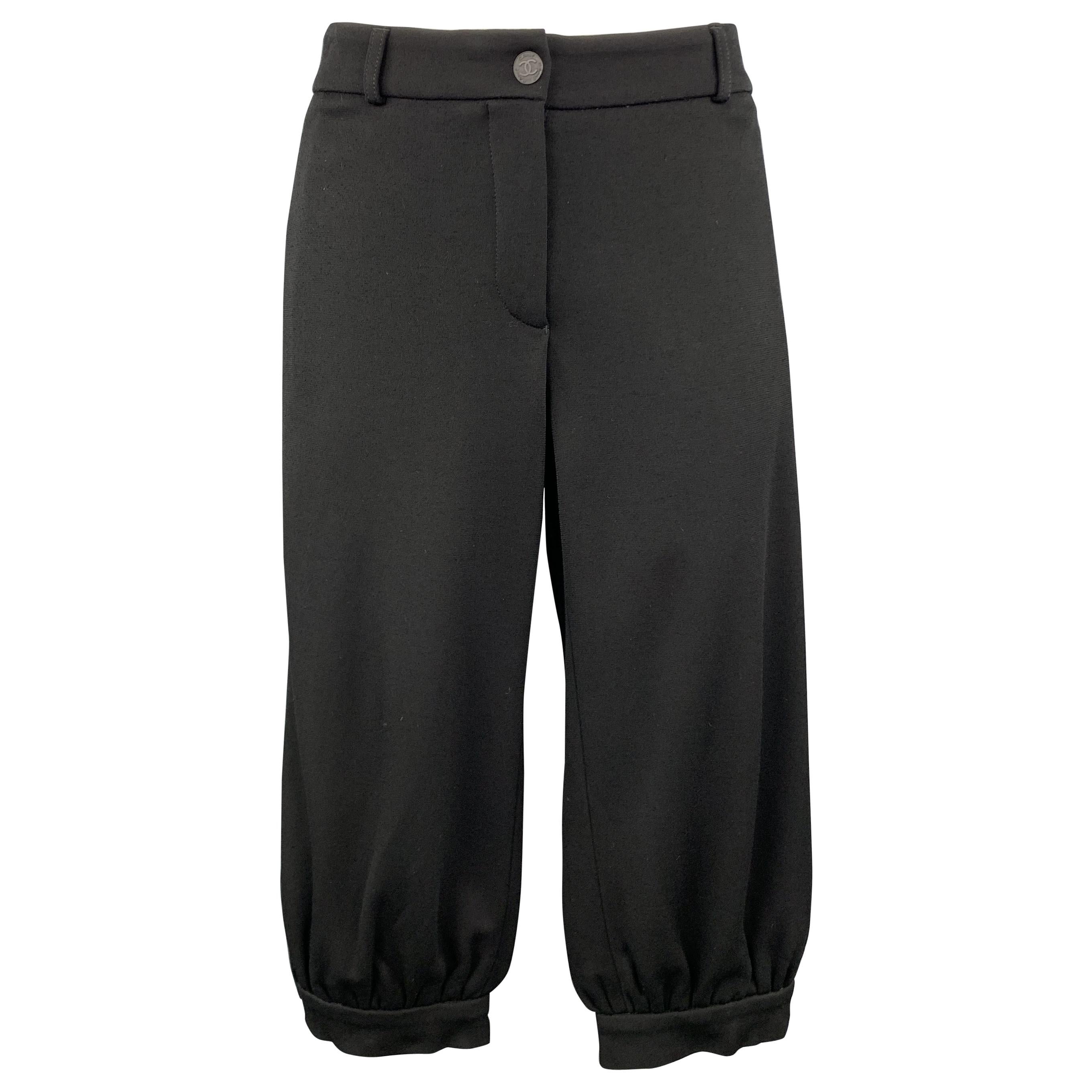CHANEL Size 10 Black Modal Blend Wide Leg Ruched Capri Pants