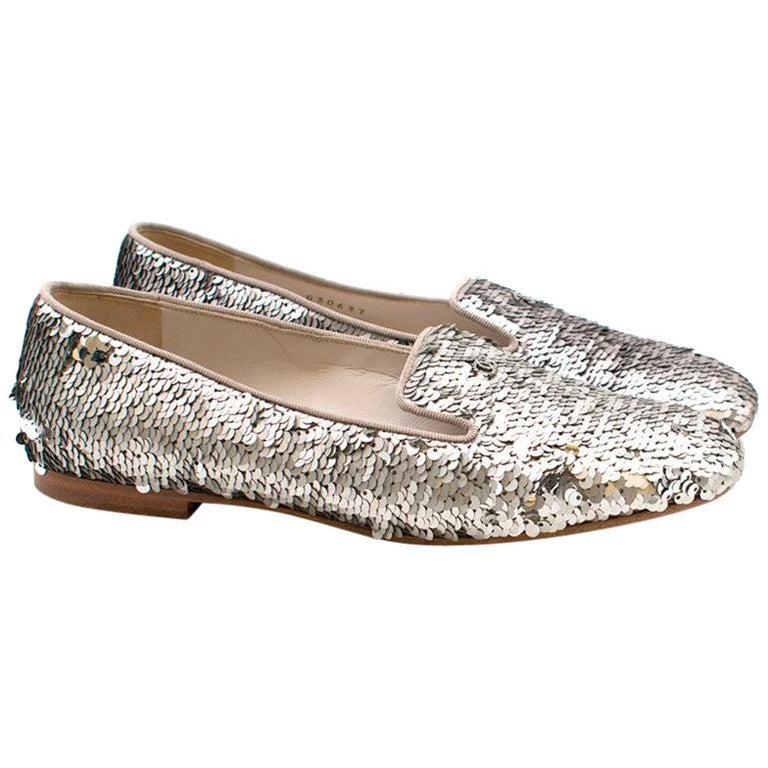 Chanel Silver Sequin Loafers 37.5 at 1stDibs | chanel silver loafers