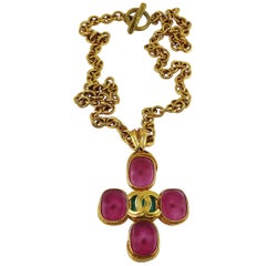 Chanel Vintage Gold Toned Gripoix Cross Pendant Necklace