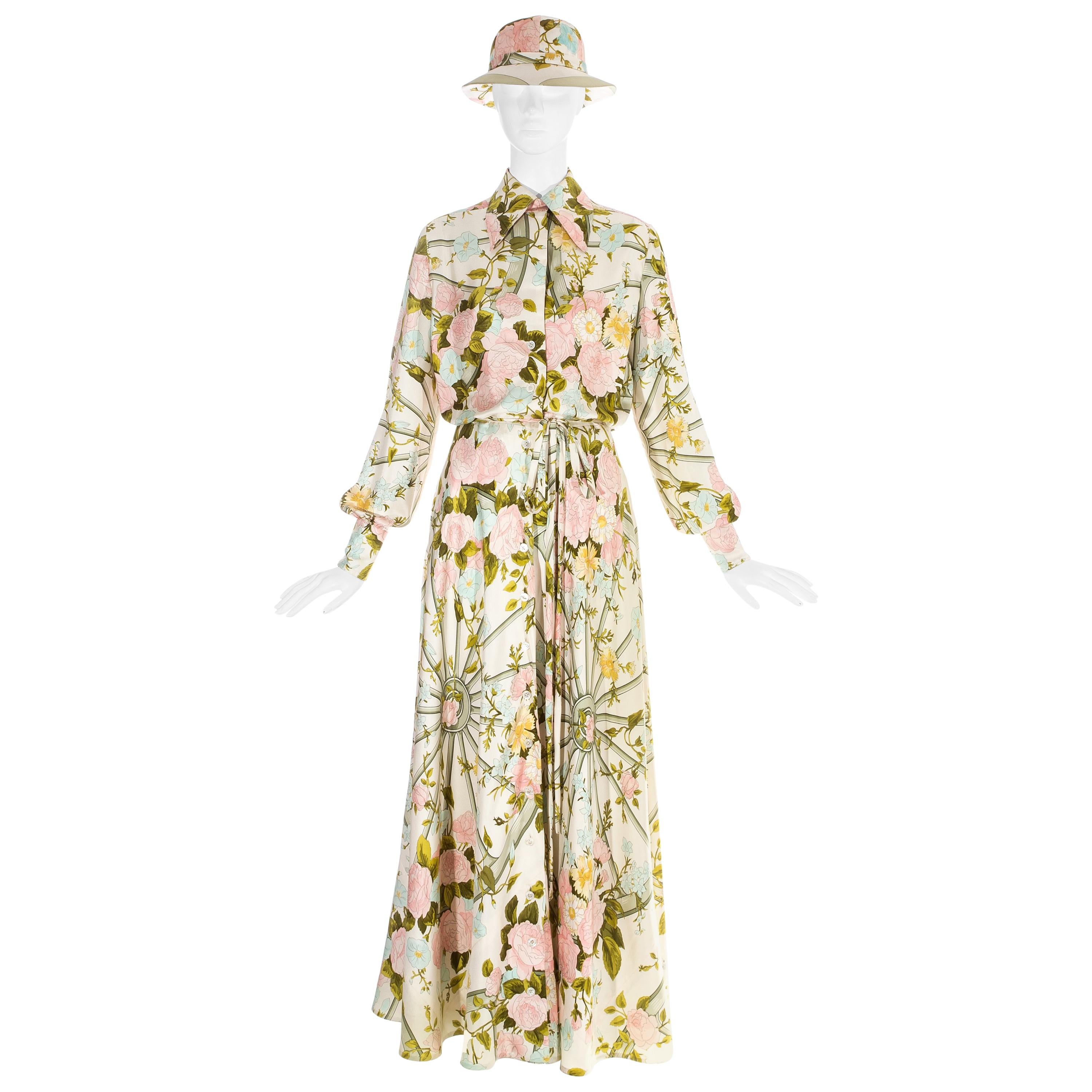 Hermes silk floral maxi shirt dress with matching sunhat, c. 1970s For Sale