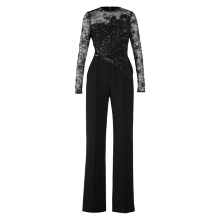 Elie Saab Black Long-Sleeved Embroidered Jumpsuit M For Sale at 1stDibs