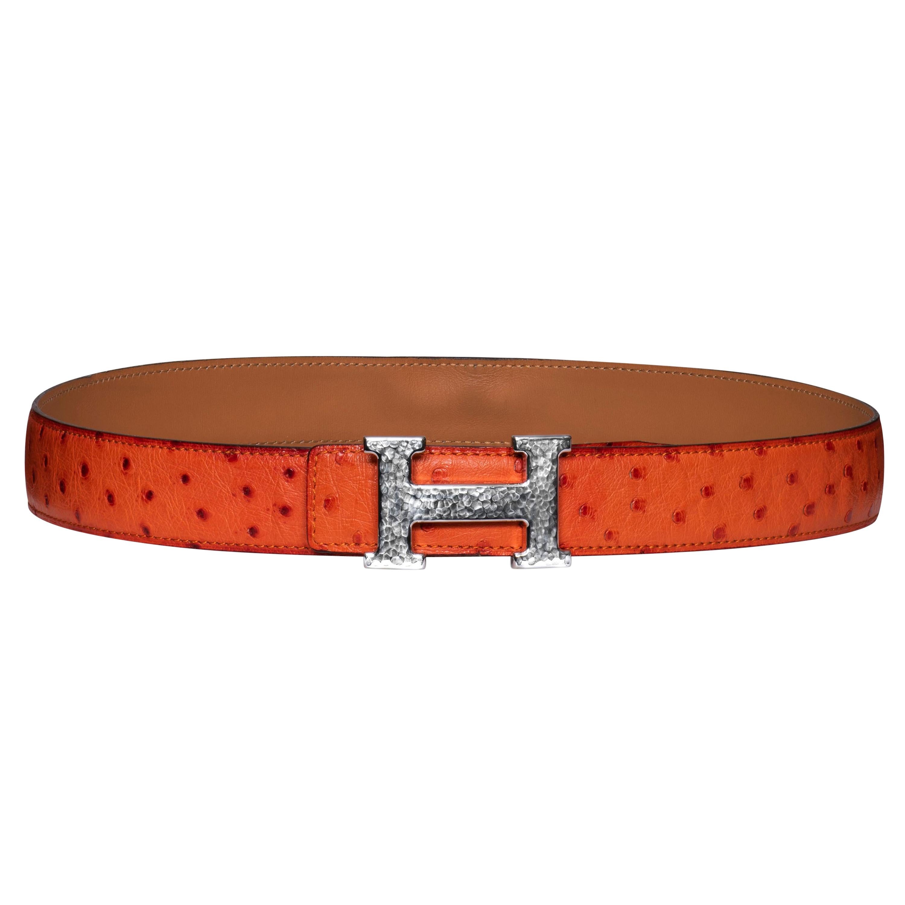 Hermes H Belt Hand Hammered Orange Ostrich Leather Size 80cm Dated 2008. For Sale
