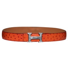 Hermes H Belt Hand Hammered Orange Ostrich Leather Size 80cm Dated 2008.