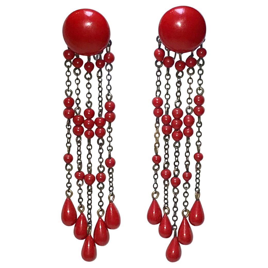 Circa 1920s Deco-Era Red Bead Dangling Earrings  For Sale