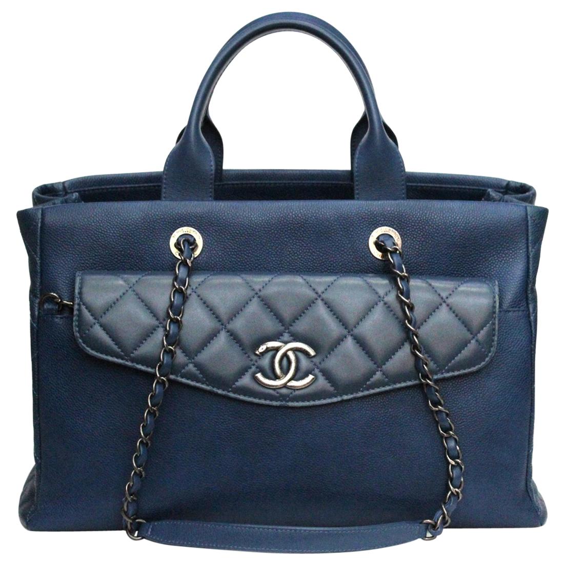 Chanel Blu Navy Leather Tote Shopper Bag