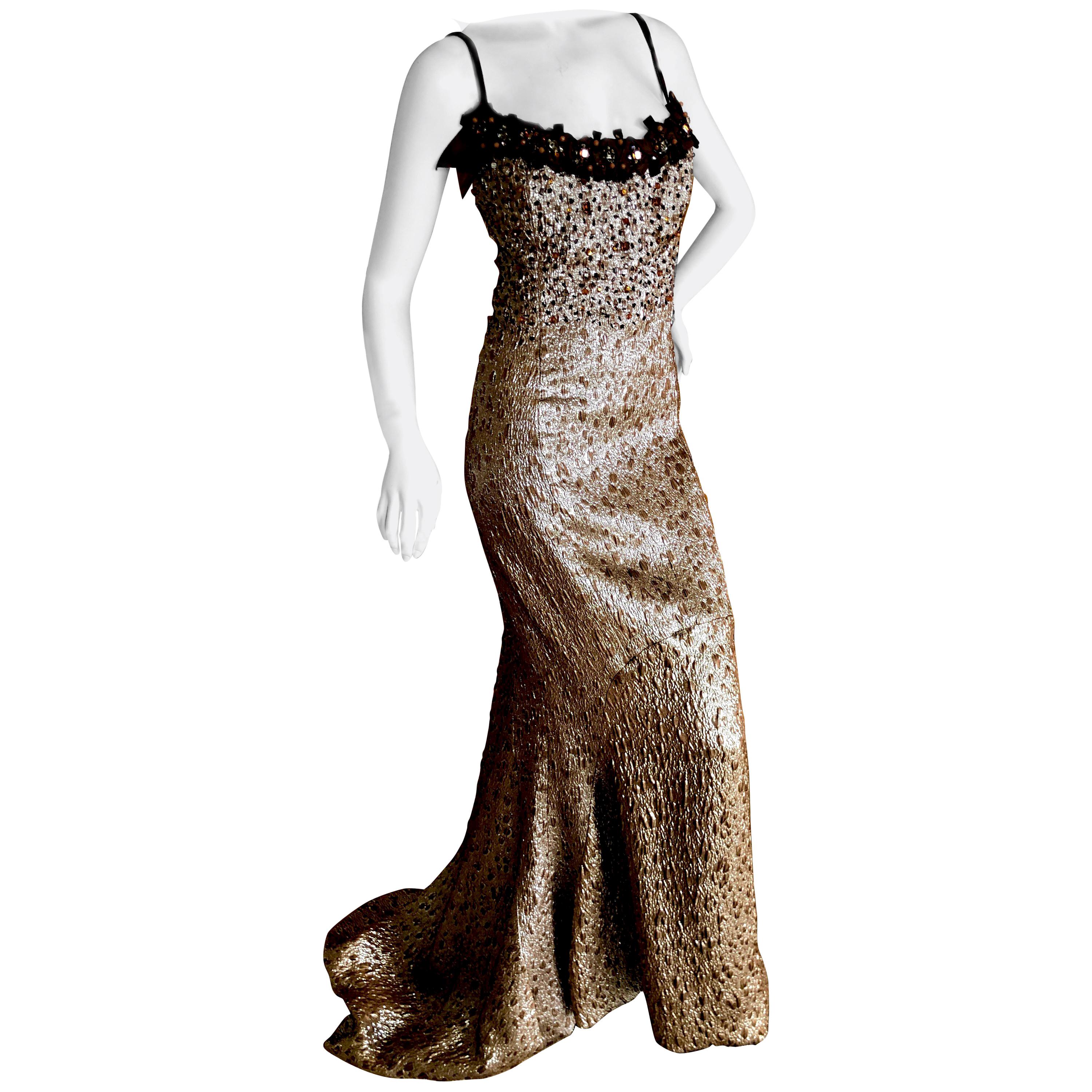 Carolina Herrera Gold Embellished Evening Gown in Hard to Find Size 14 For Sale