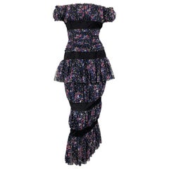 KARL LAGERFELD Size 6 Blue Rushed Floral Mesh Black Lace Maxi Sheath Dress