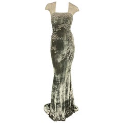 BADGLEY MISCHKA Taille 10 Moss Green Beaded Tulle Top Soirée Gown
