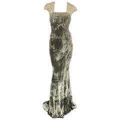 BADGLEY MISCHKA Size 10 Moss Green Beaded Tulle Top Evening Gown