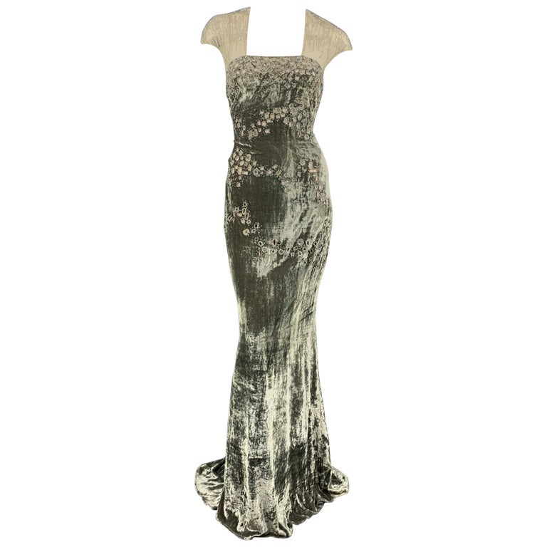 BADGLEY MISCHKA Size 10 Moss Green Beaded Tulle Top Evening Gown at 1stDibs