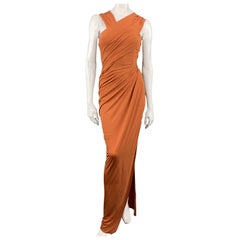 DONNA KARAN Size L Burnt Orange Jersey Asymmetrical Draped Gown