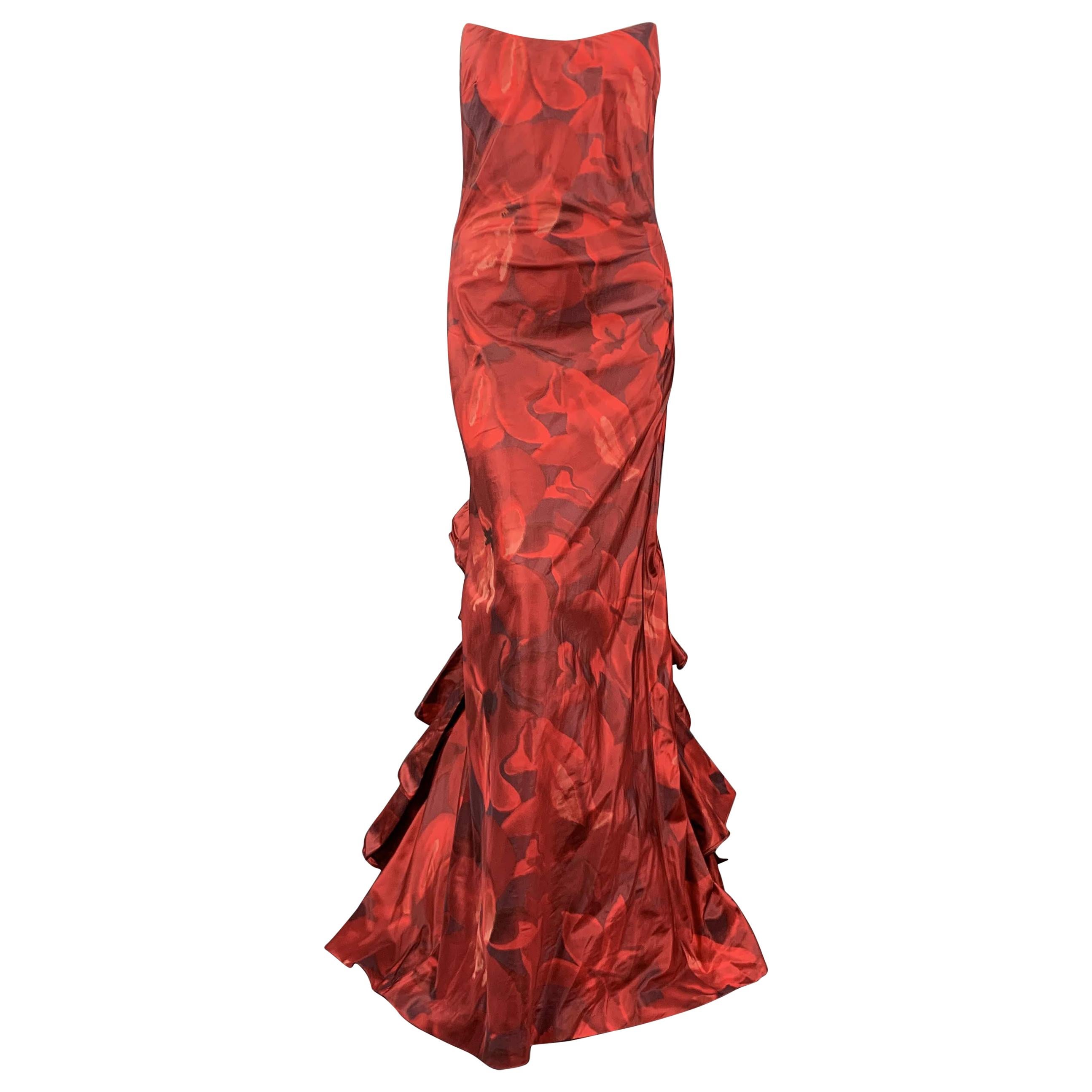OSCAR DE LA RENTA 8 Red Floral Silk Taffeta Pointed Bustier Ruffle Back Gown