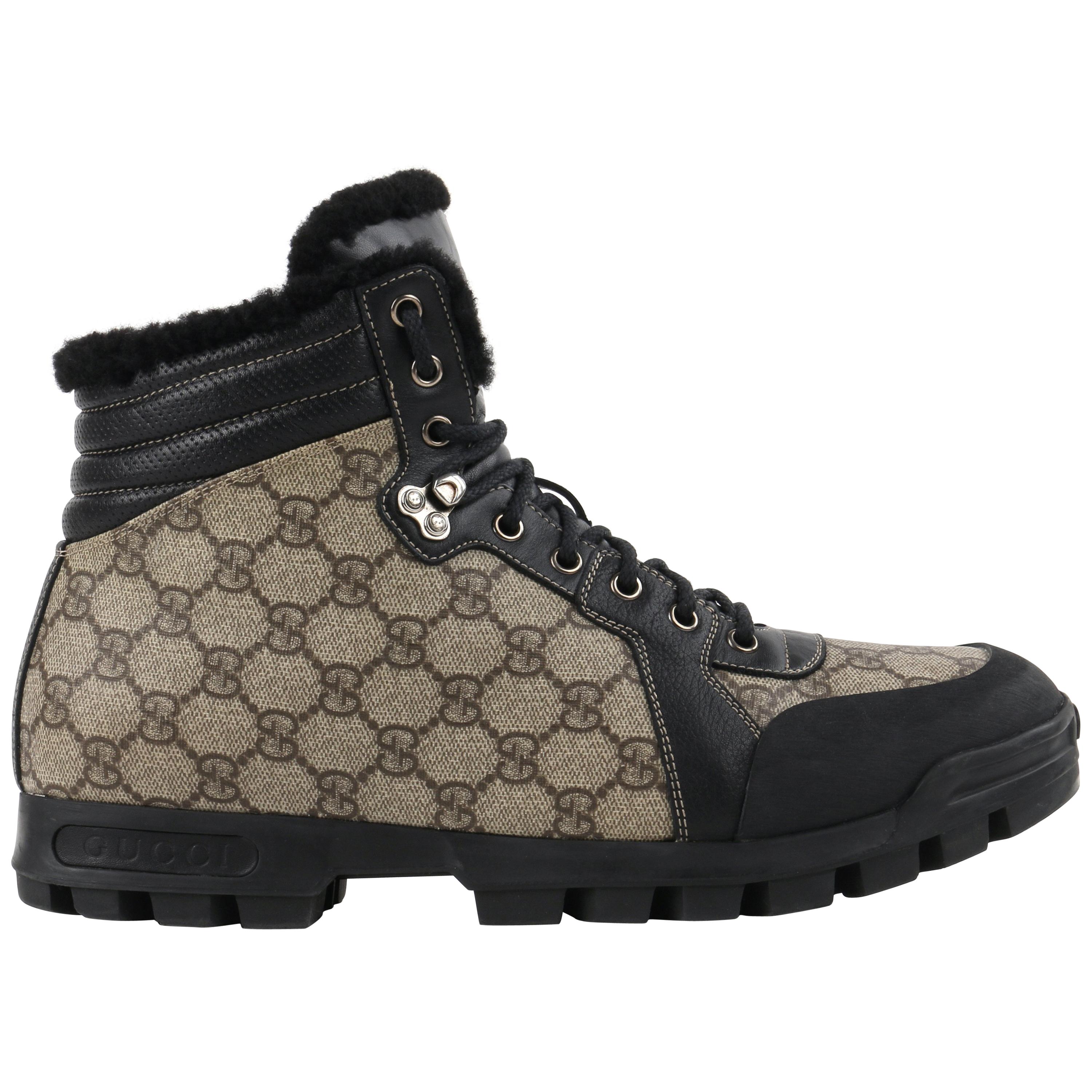 GUCCI "Nebraska Guccissima" Beige Shearling Monogram Mini-Lug Hiking Boots 