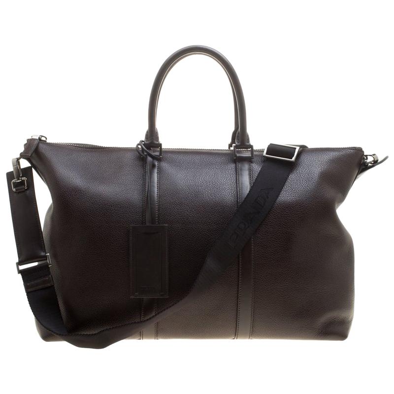 Prada Dark Brown Leather Luggage Weekender Bag For Sale at 1stDibs