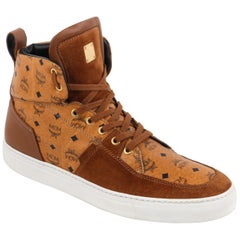 MCM "Visetos" Canvas & Suede Monogram Tan Lace-Up High Top Sneakers