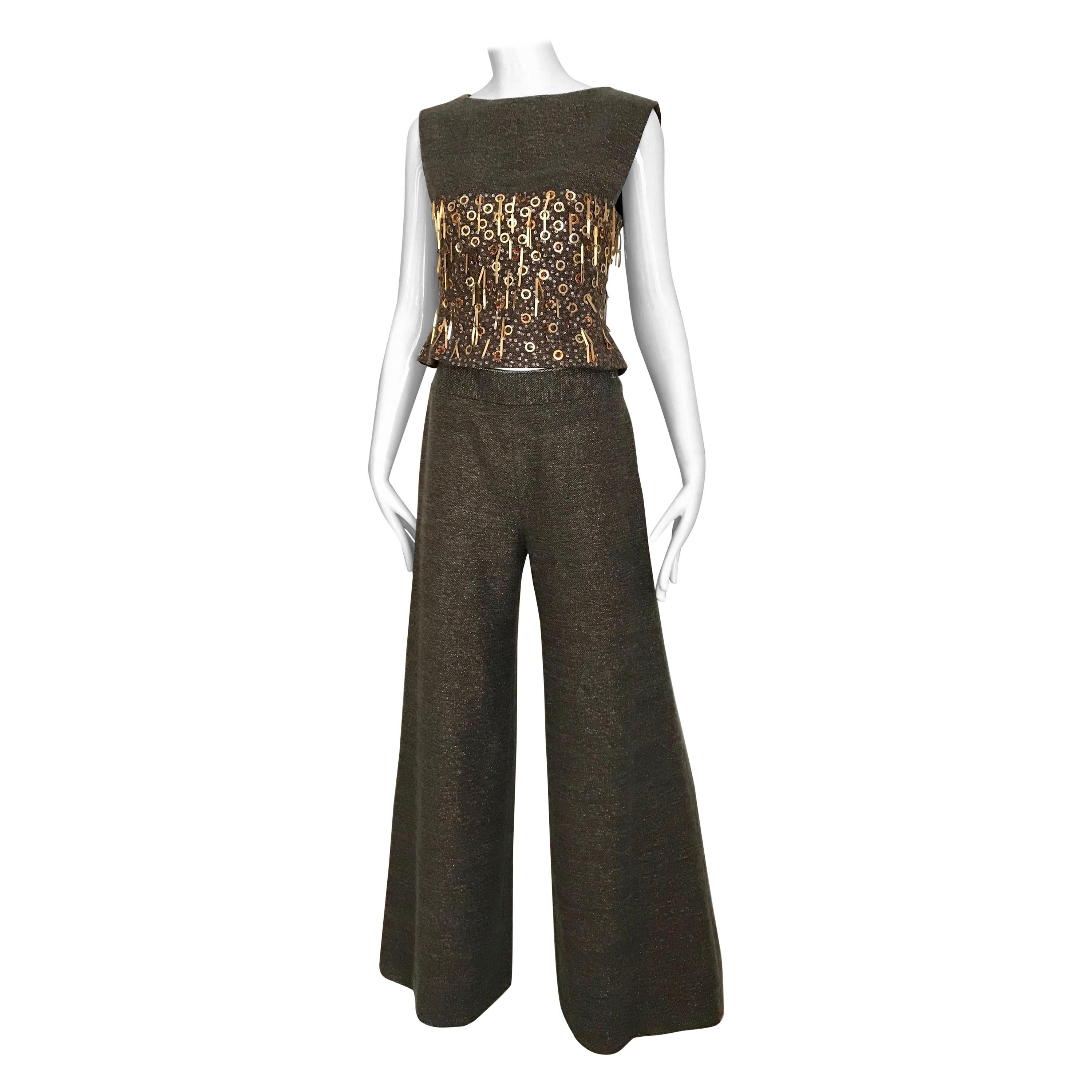 CHANEL Brown Wool Sleeveless Top and Pant Set