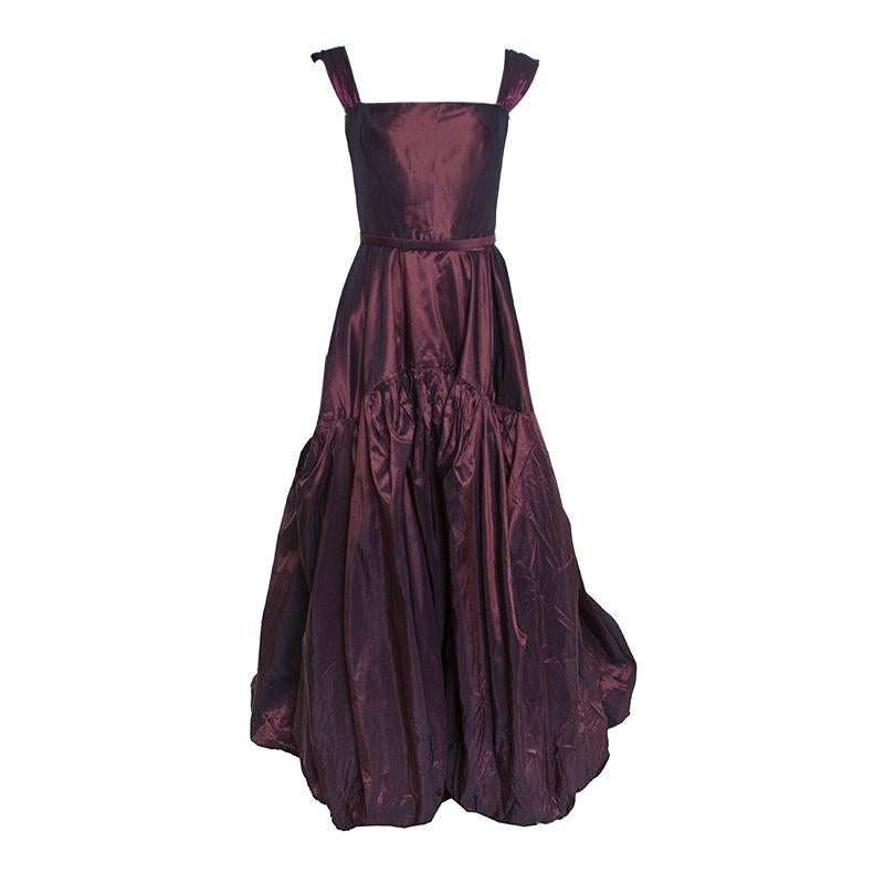 Oscar de la Renta Burgundy Silk Tiered Belted Sleeveless Gown S