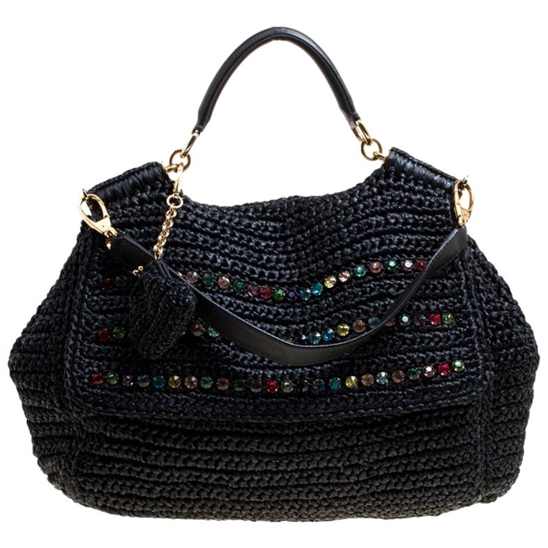 Dolce & Gabbana Black Crochet Straw Miss Sicily Top Handle Bag