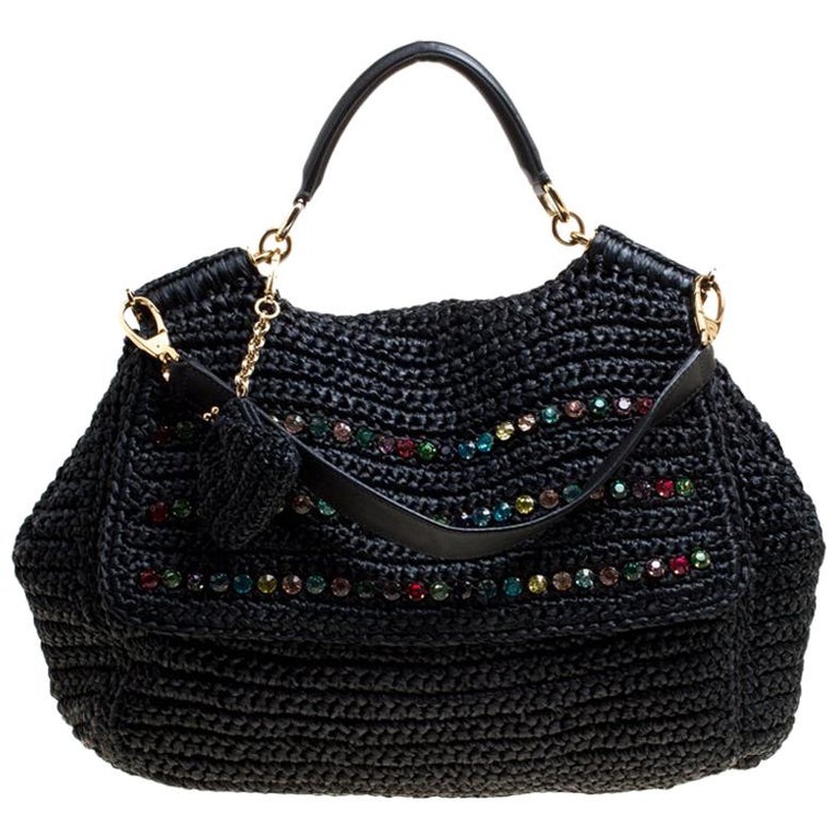 Dolce and Gabbana Black Crochet Straw Miss Sicily Top Handle Bag For ...