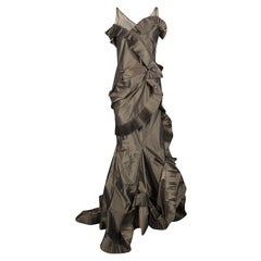Dior Boutique Brown Pleated Ruffle Detail Sleeveless Tiered Evening Gown S