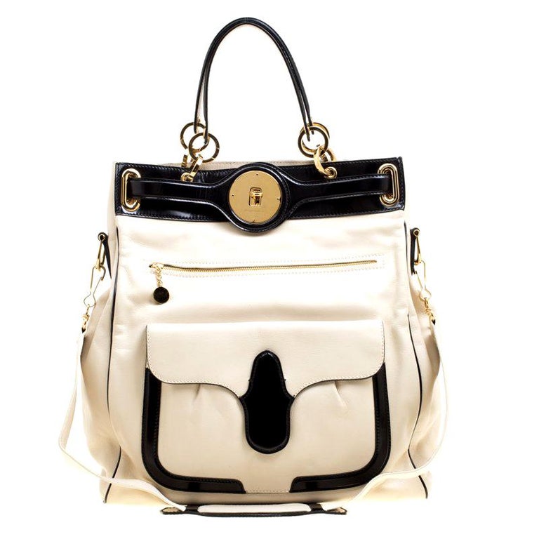 Balenciaga Cream Black Leather Lune Tote