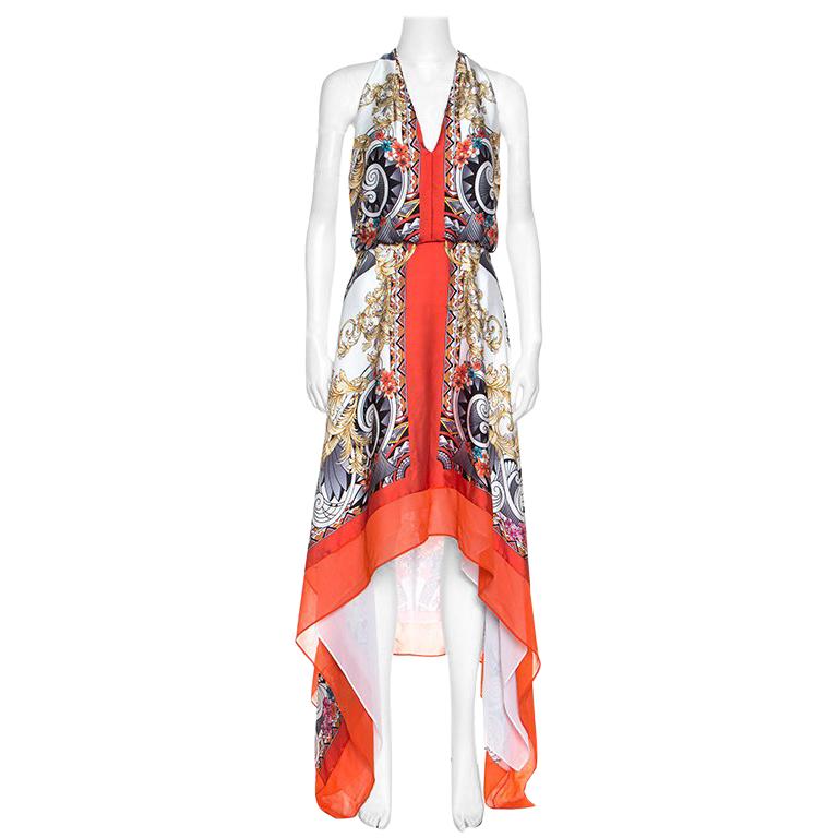 Versace Colection Multicolor Printed Plunge Neck Handkerchief Hem Detail Dress S